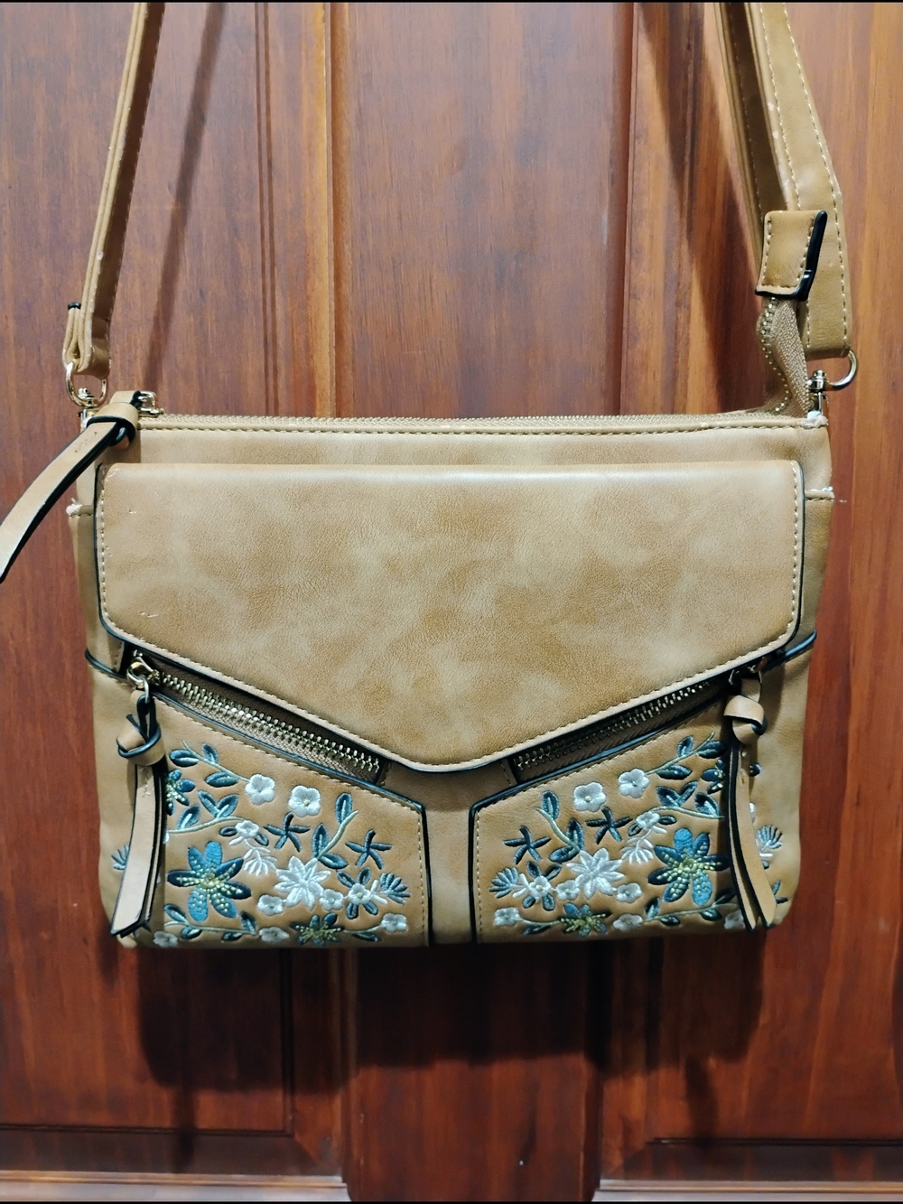 Tan Floral Embroidered Crossbody Bag - Women's Shoulder Purse